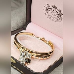 Juicy Couture Gold Double Bangle Toggle Chain Bracelet Pave Shield Original Box